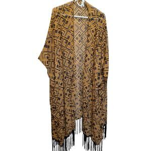 TRUTH NYC Sheer Cover Up Kimono Brown And Gold Aztec With Fringe Long Size 3XL